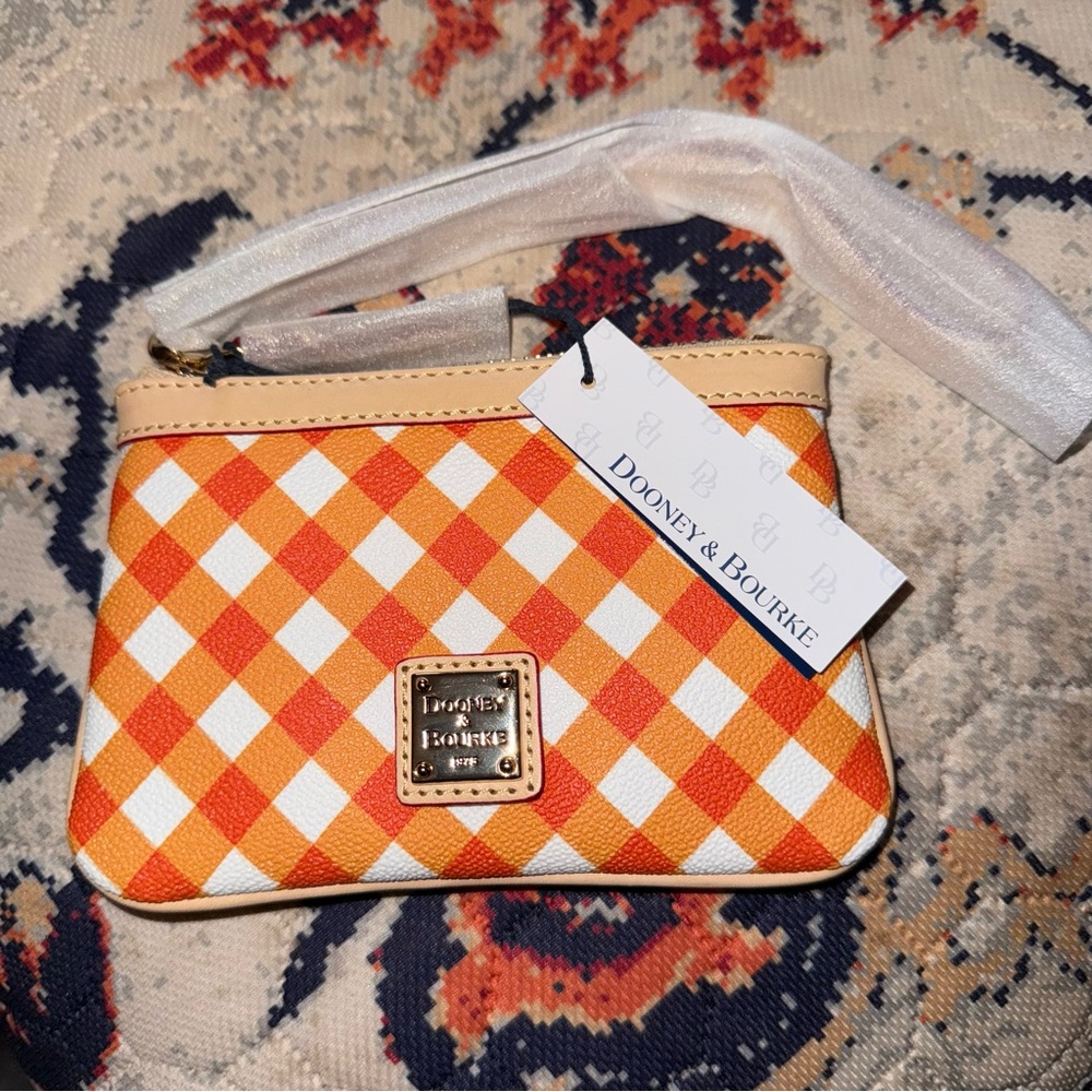 Dooney & Bourke Orange and White Checkered Wristlet - Picture 1 of 2